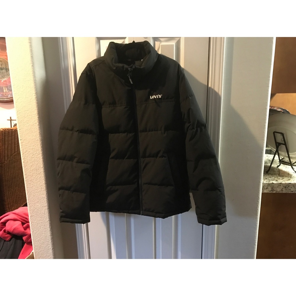 Levis Mens Black Quilted Puffer Jacket Full Zip Fleece Lined Collar Medium